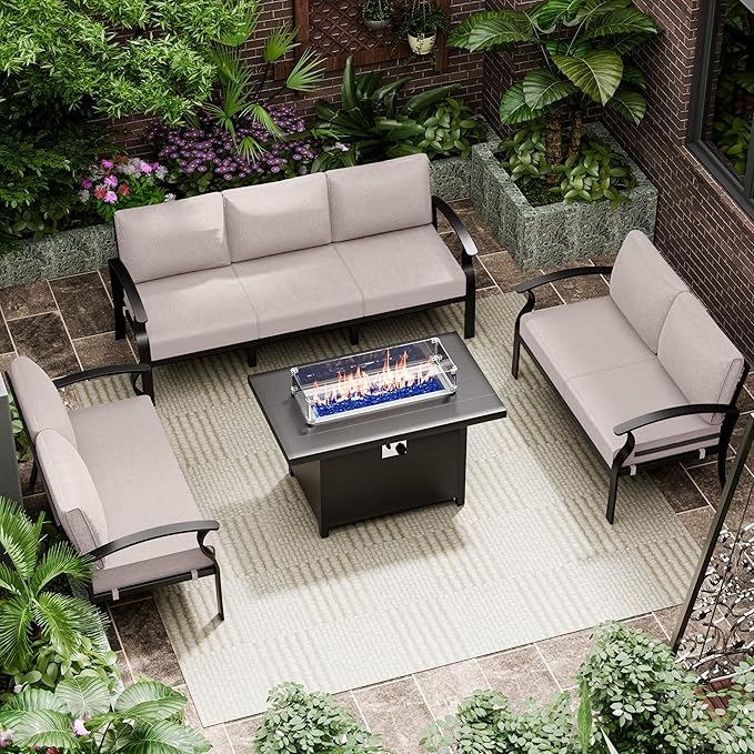 RTDTD Aluminum Outdoor Patio Furniture Set,4 Pieces 7 Seats Patio Conversation Sets with 45" Propane Fire Pit Table,Metal Patio Sectional Furniture Set w/5.1" Cushions for Porch,Deck,Backyard,Sand