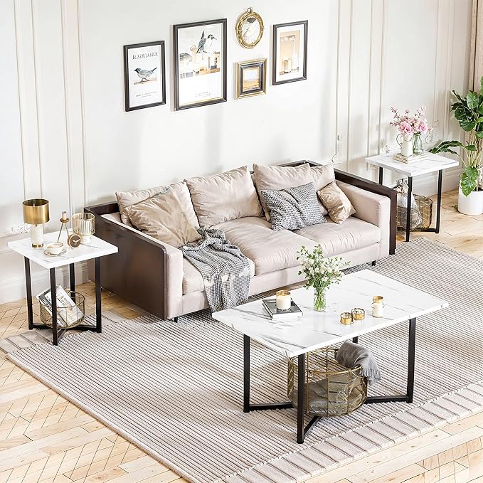 AWQM Coffee Table Set of 3, Industrial Coffee Table with 2 Square End Side Tables, Modern Living Room Table Set with Metal Frame for Apartment Home Office