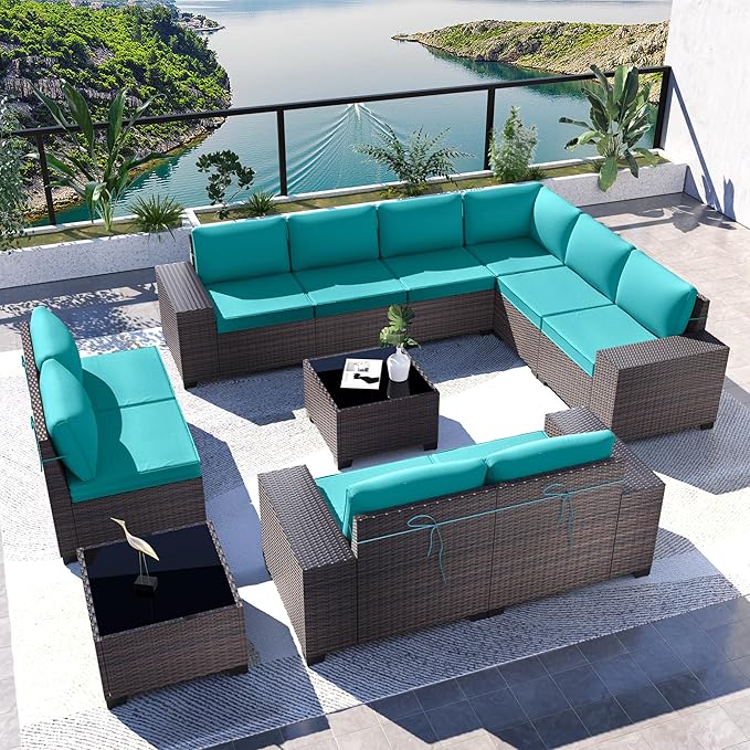 Kullavik 12PCS Outdoor Patio Furniture Set PE Wicker Rattan Sectional Sofa Patio Conversation Sets,Blue