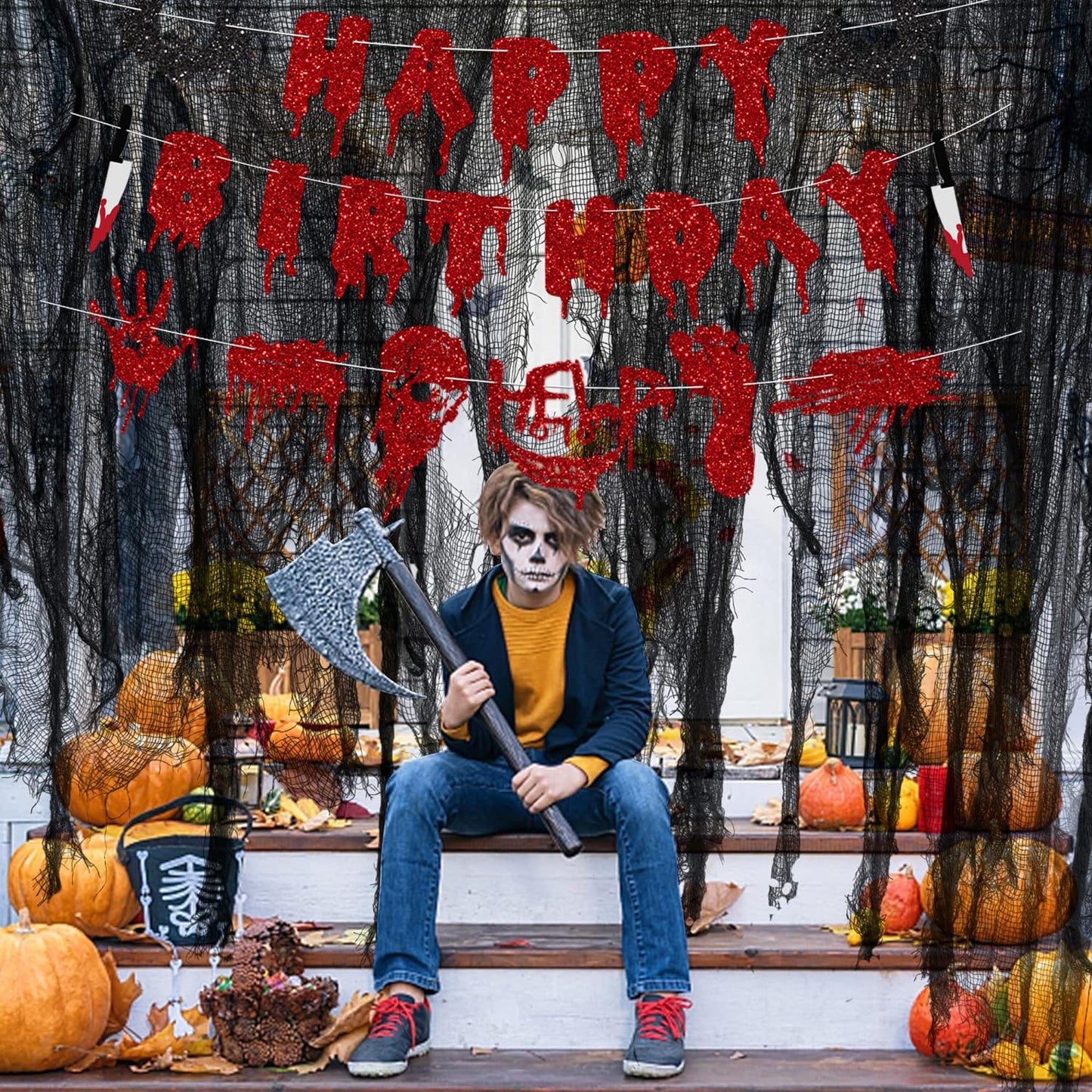 Red Glittery Halloween Birthday Decorations Banner Horror Halloween Bat Happy Birthday Banner for Bat Vampire Halloween Hocus Pocus Birthday Decorations Supplies