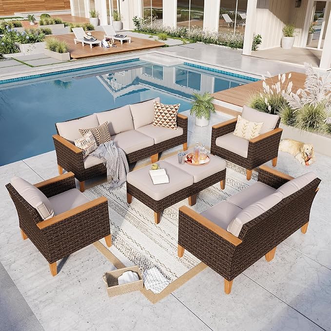 GREEN PARTY 9 Pieces Wicker Patio Furniture Set, All-Weather Outdoor Rattan Patio Sectional Sofa Conversation Set 9 Seats with 4" Thick Cushions for Garden, Backyard, 2 x Ottomans
