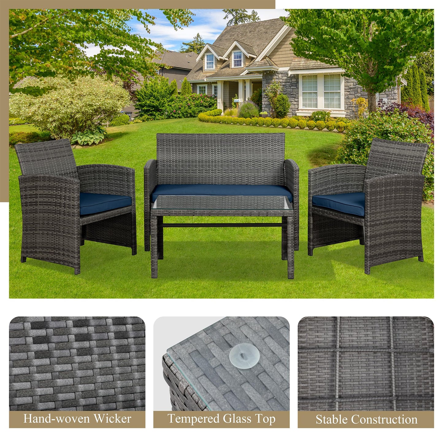 JAMFLY 4 Piece Outdoor Patio Furniture Set, Outdoor Wicker Rattan Chairs Conversation Sets with Cushions & Coffee Table for Outside, Garden, Balcony, Porch, Dark Blue