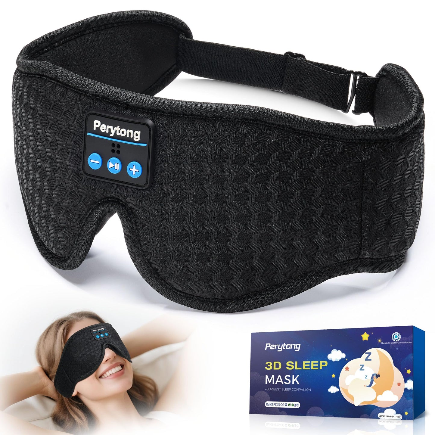 Perytong Sleep Mask with Bluetooth 5.4 Headphones, Wireless Sleep Eye Mask for Side Sleepers, 3D Contoured Comfort & Built-in HD Stereo Earphones, Noise Canceling & Blackout for Travel (Carbon Black)