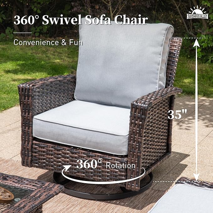 SUNSHINE VALLEY 5 Pieces Patio Furniture Set with Swivel Chairs, High Back Wicker Rattan Sofa with Extra Thick Cushion and Ottoman, Outdoor Conversation Set for Garden Backyard Deck, Grey