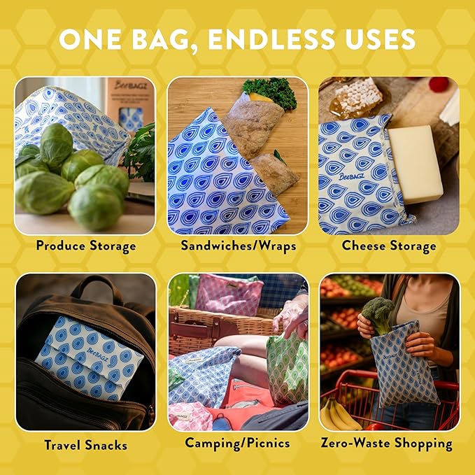 BeeBAGZ - Beeswax Wrap Storage Bag, Reusable Food Storage Bags, Pack of 3, Plastic Free Biodegradable Food Wrap Alternative, Starter Pack, 1 Small + 1 Medium + 1 Large, (Blue)