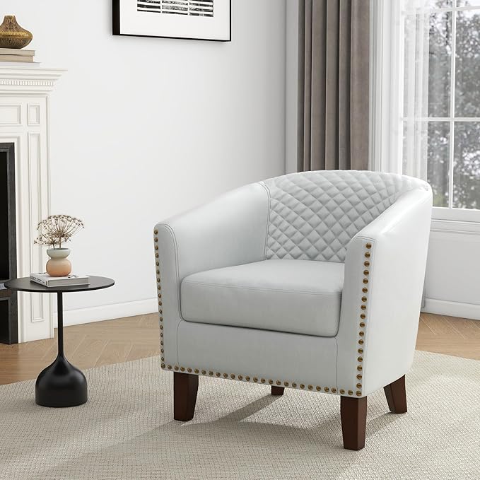 UIXE Faux Leather Barrel Accent Chair Modern Club Arm Chair, Comfy Upholstered Armchair Nailhead Trim Living Room Single Sofa Reading Seat Bedroom Side Sitting for Office Home, White