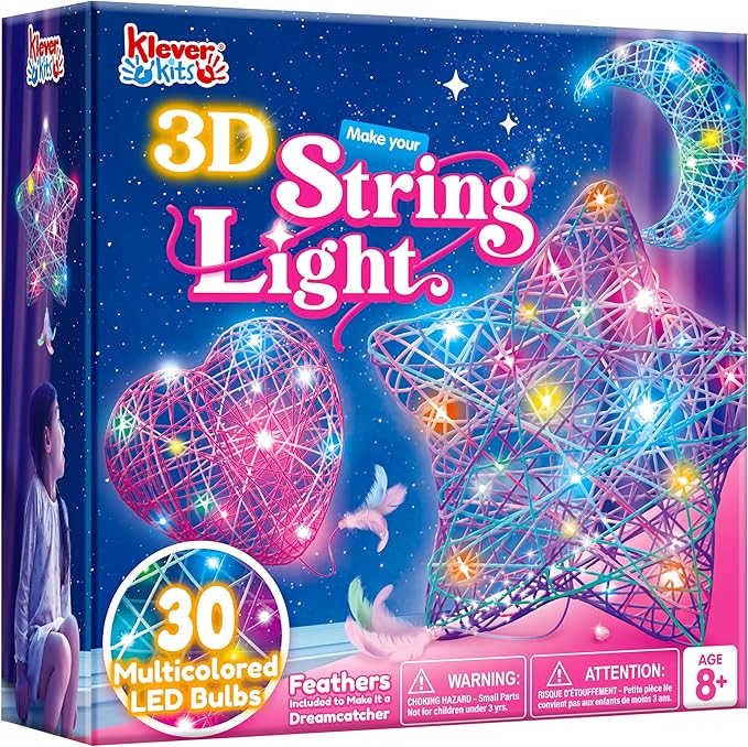 Klever Kits 3D String Art Kit for Kids, Light Up String Light Toy with 30 Multi-Colored LED Bulbs, Arts and Crafts Set, Bi...