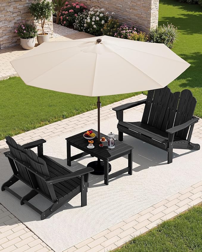 SERWALL 3 Pieces Patio Adirondack Bench Set, 2 Folding Adirondack Bench and 1 Coffee Table Set for Front Porch Garden Balcony Backyard, Black