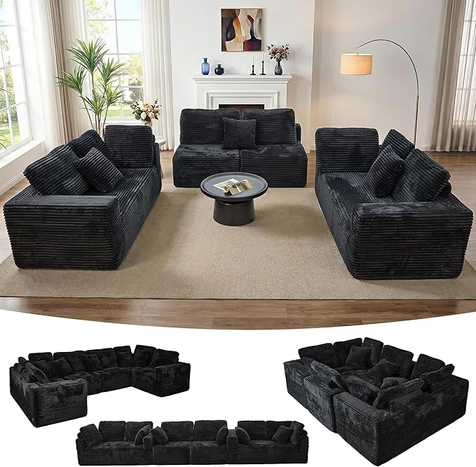 SEENYOO 135.5" Cloud Sectional Couch,Boneless Corduroy Sofa for Living Room,Oversized U Shaped Sofa with Chaise,Deep Seat,No Assembly Required,Modular Sectional Couches（Black）