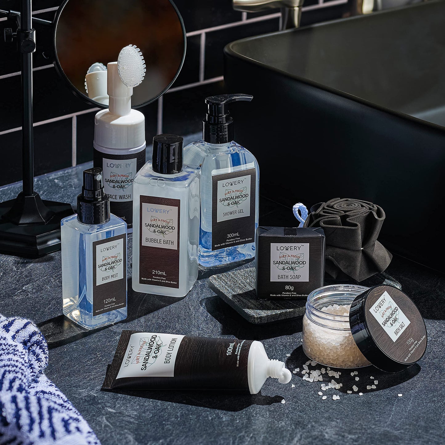 Birthday Gifts Spa Kit for Men - Sandalwood and Oak Scented Bath Gift Set and Shower Gift Basket With Face Wash & Brush, Shower Gel, Bubble Bath, Body Lotion, Body Mist, Handmade Soap, Salts & Puff