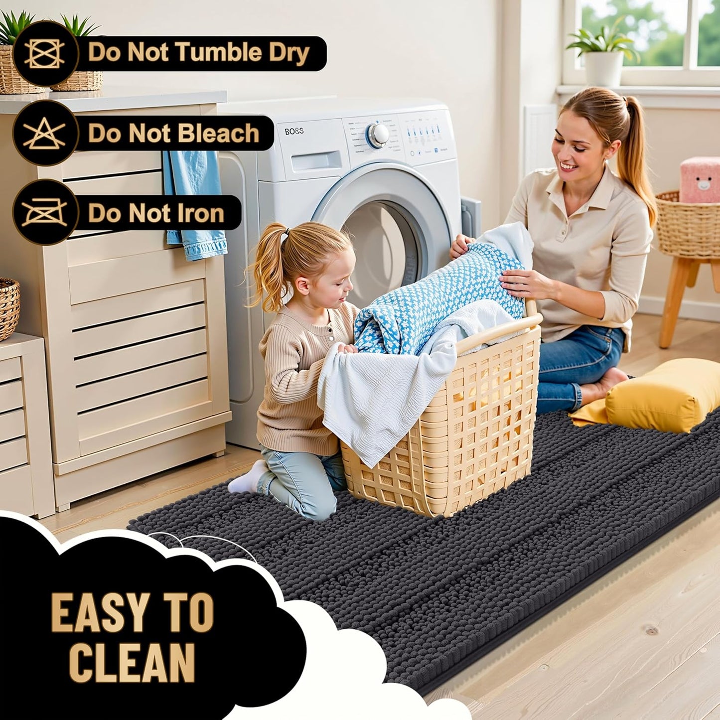 OLANLY Thick Bathroom Rugs 44x24, Extra Soft Absorbent Chenille Striped Bath Rugs, Rubber Backing, Machine Wash Dry, Bath Mats for Bathroom Floor, Tub and Shower, Home Decor Accessories, Dark Grey