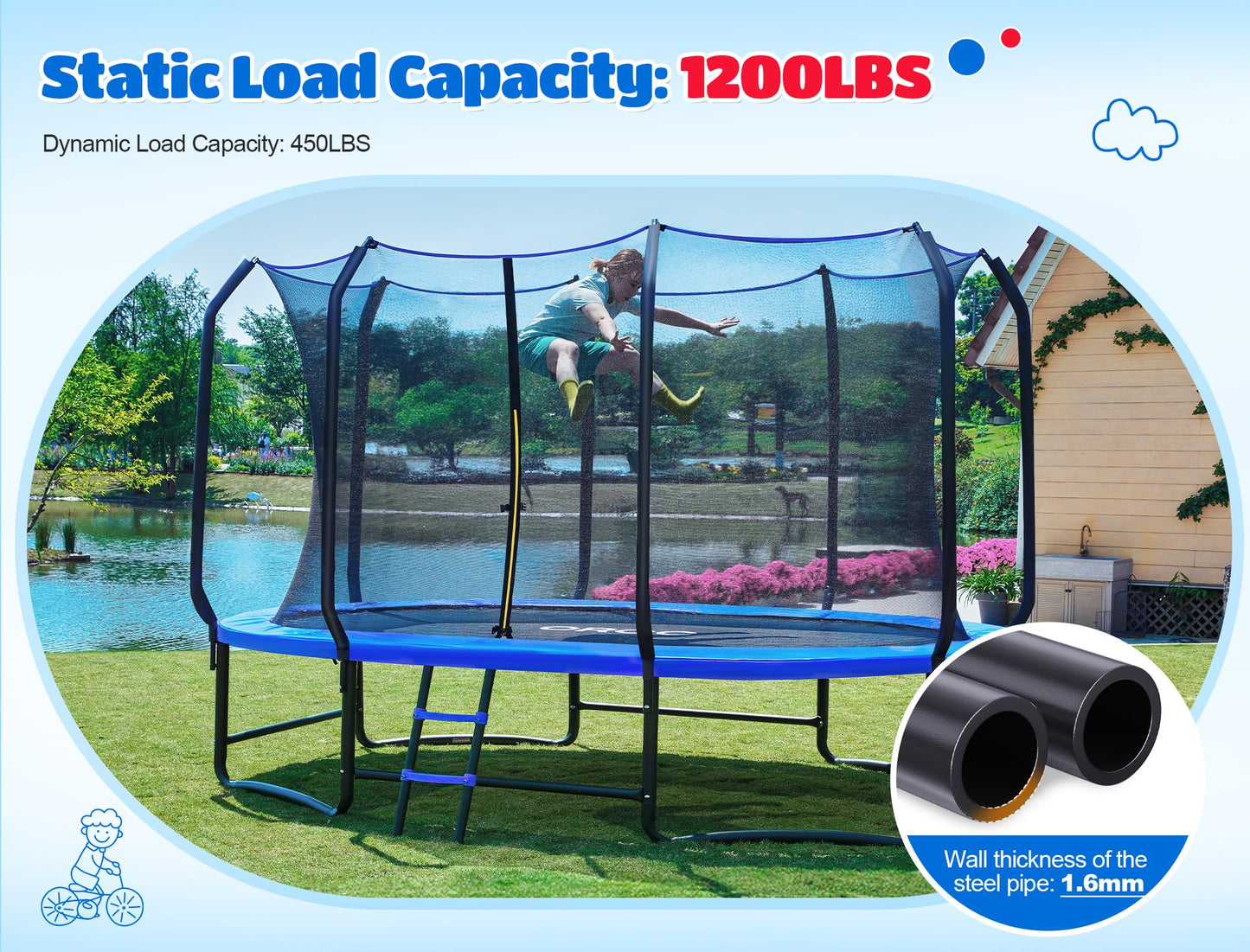 ORCC 7x10 FT Oval Outdoor Trampoline with Safety Net - Recreational Gymnastics Trampoline for Kids, 1200LBS Capacity, Heavy-Duty Galvanized Steel Frame Yard Trampolines