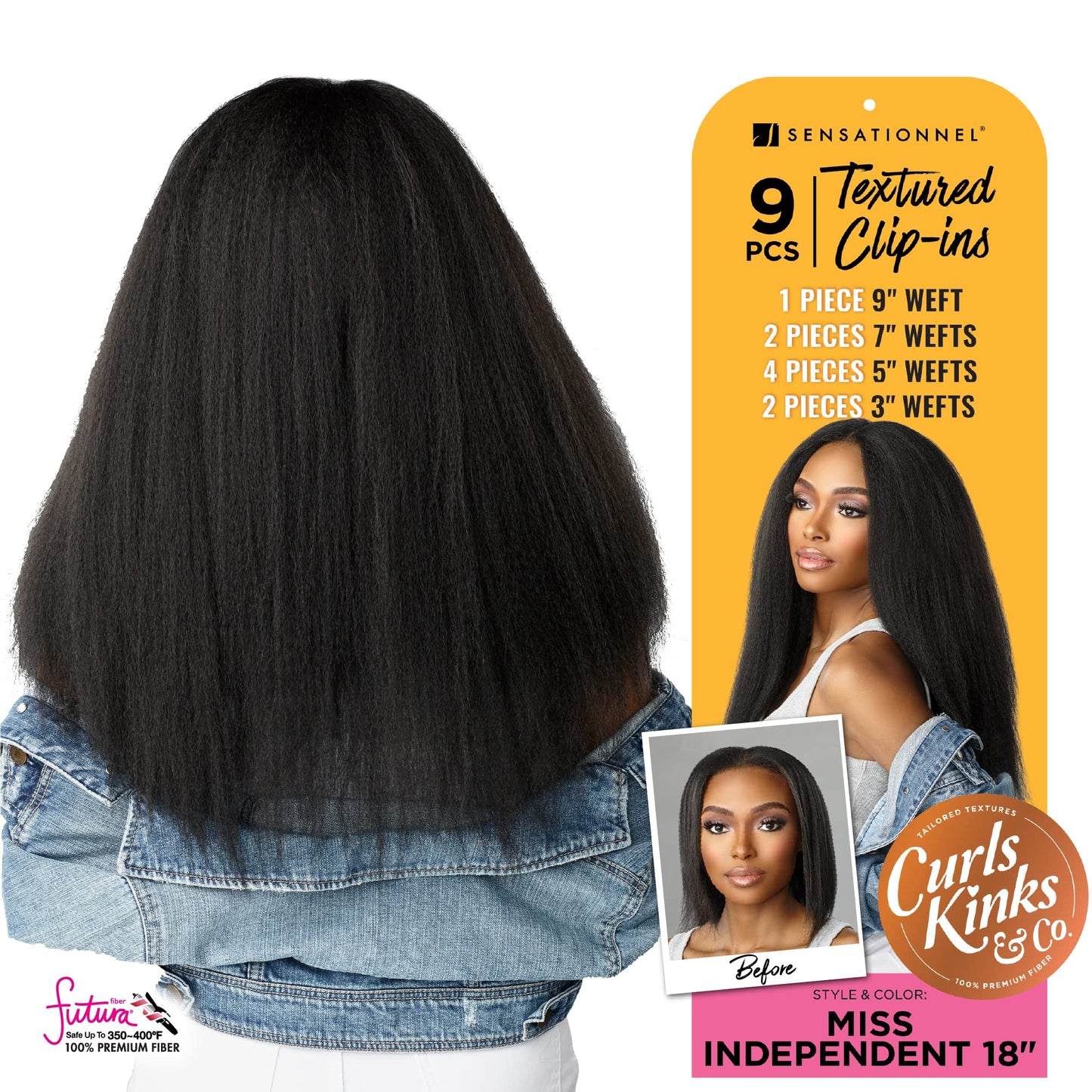 Sensationnel Curls Kinksandco Clip In - Miss Independent 18 Inch 9 Piece Pack Easy to Use Clips for Natural 3C to 4C Hair (1B OF