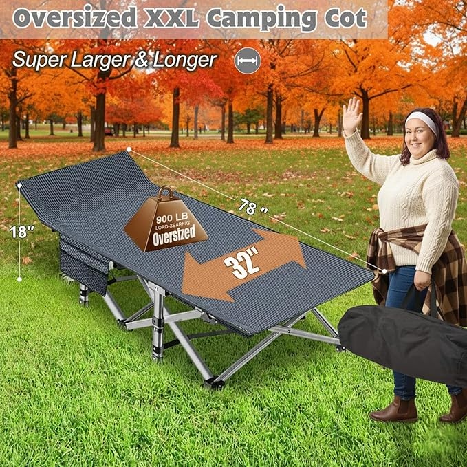 ABORON XXL Camping Cot for Adults 900LBS - 78"×32" Oversized Folding Bed with Mattress Pad, Heavy Duty 1200D Oxford Outdoor Cot with Carry Bag