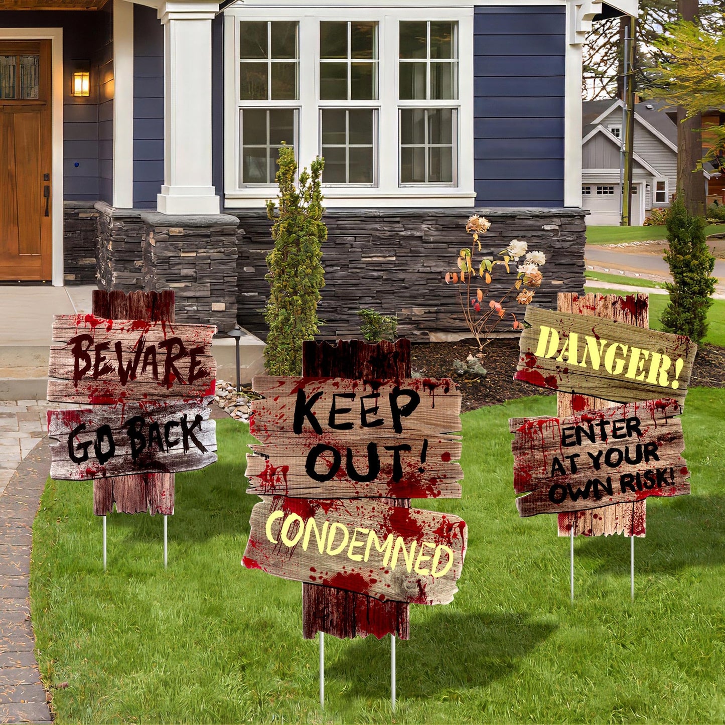 Halloween Decorations Outdoor Yard Signs Stakes,3 Pieces Beware Halloween Sign,Scary Warning Sign 2025 Halloween Zombie Vampire Graves Theme Party Decor Supplies,12" x 9"
