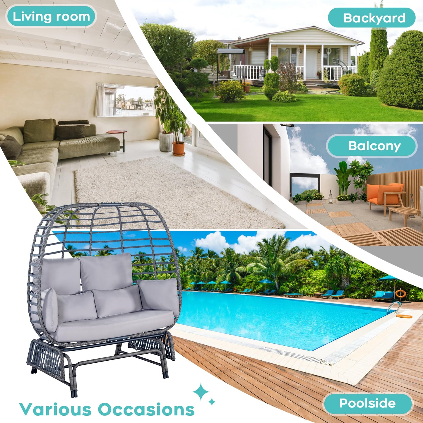 Outdoor Double Egg Chair Patio Chairs - 500lbs Capacity for 2 Person, Oversized Wicker Rocking Glider Chair with Steel Stand, Hand-Woven Lounge Chair Nest Loveseat for Indoor, Porch, Backyard, Balcony