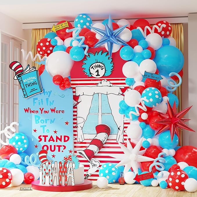 Cat Hat Themed Party Decorations 135PCS Red Blue White Balloon Arch Garland Kit Thing 1 and Thing 2 Birthday Party Decorat...
