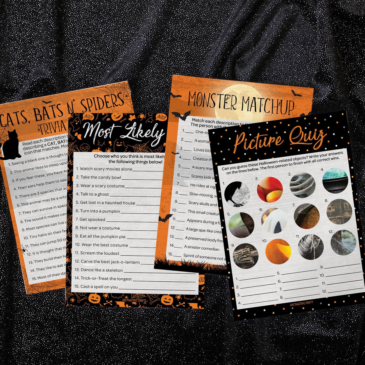 Halloween Party Games Bundle – Monster Matchup, Most Likely to, Picture Quiz, and Trivia – 4 Fun Party Games for Adults and Kids, 25 Guests