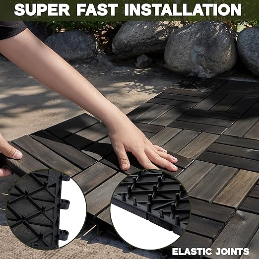 VICTORY RELAX Acacia Wood Decking Tiles 27PCS - Easy Snap Interlocking Deck Tiles for Patio Poolside Balcony Decor - All Weather Waterproof Flooring for Indoor & Outdoor (Round Joints)