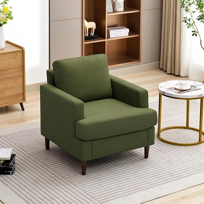 Weture Mid-Century Accent Chair,Modern Linen Fabric Armchair for Living Room,Comfy Upholstered Reading Accent Chairs for Bedroom,Single Sofa Chair with Wood Legs (Green, 1 Pack)
