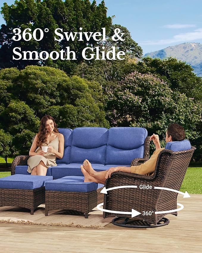 HILLGA Luxury Patio Furniture Set with 6-inch Thick Cushion, Outdoor Loveseat and High Back Swivel Rocker Patio Chairs, 6PCS Wicker Conversation Set for Deck Yard and Poolside, Blue (V2)