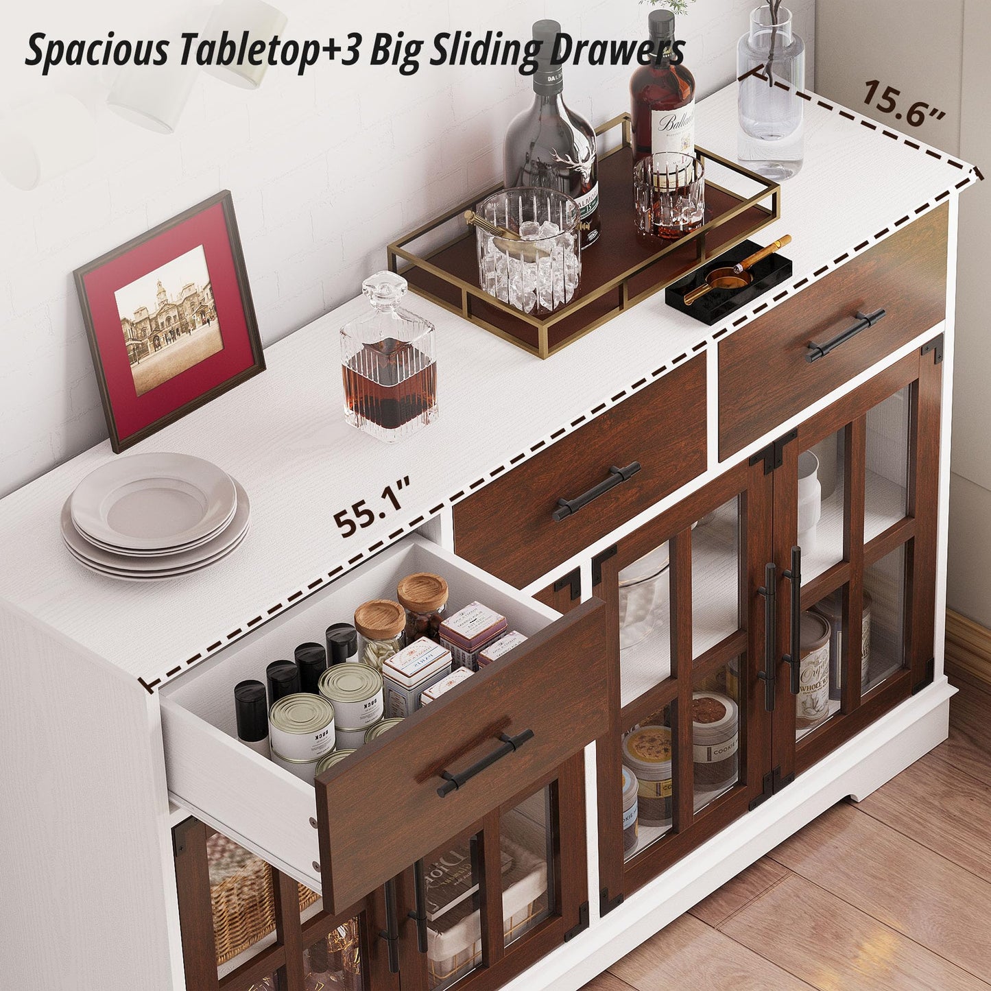 IRONCK Buffet Cabinet with Storage, 55" Large Sideboard Buffet Storage with LED Lights, Farmhouse Coffee Bar Wood Liquor Cabinet for Kitchen, Dining Room, Red Walnut