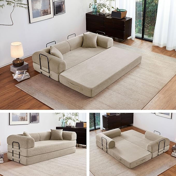 79" 5-in-1 Folding Convertible Sofa Bed, Oversized Corduroy Futon Floor Couch with Pull-Out Sleeper, Modular Boneless Loveseat for Small Spaces, Living Room, Bedroom (Beige)