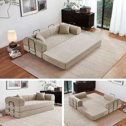 79" 5-in-1 Folding Convertible Sofa Bed, Oversized Corduroy Futon Floor Couch with Pull-Out Sleeper, Modular Boneless Loveseat for Small Spaces, Living Room, Bedroom (Beige)