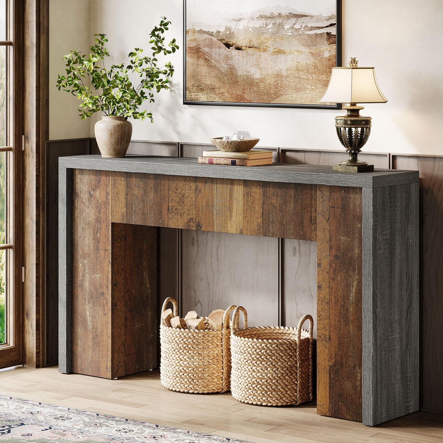 Tribesigns 55-Inch Console Entry Table, Farmhouse Sofa Table Behind Couch with Dual-Tone Design, Accent Foyer Furniture for Hallway, Entrance, Living Room