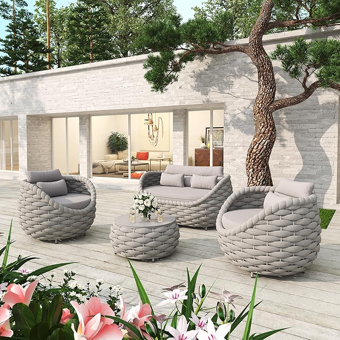 ercimi 4 Pieces Set Aluminum Outdoor&Indoor Sofa, Modern Patio Furniture Set Conversation Set with Soft Cushion and Coffee Table for Balcony Garden，Grey