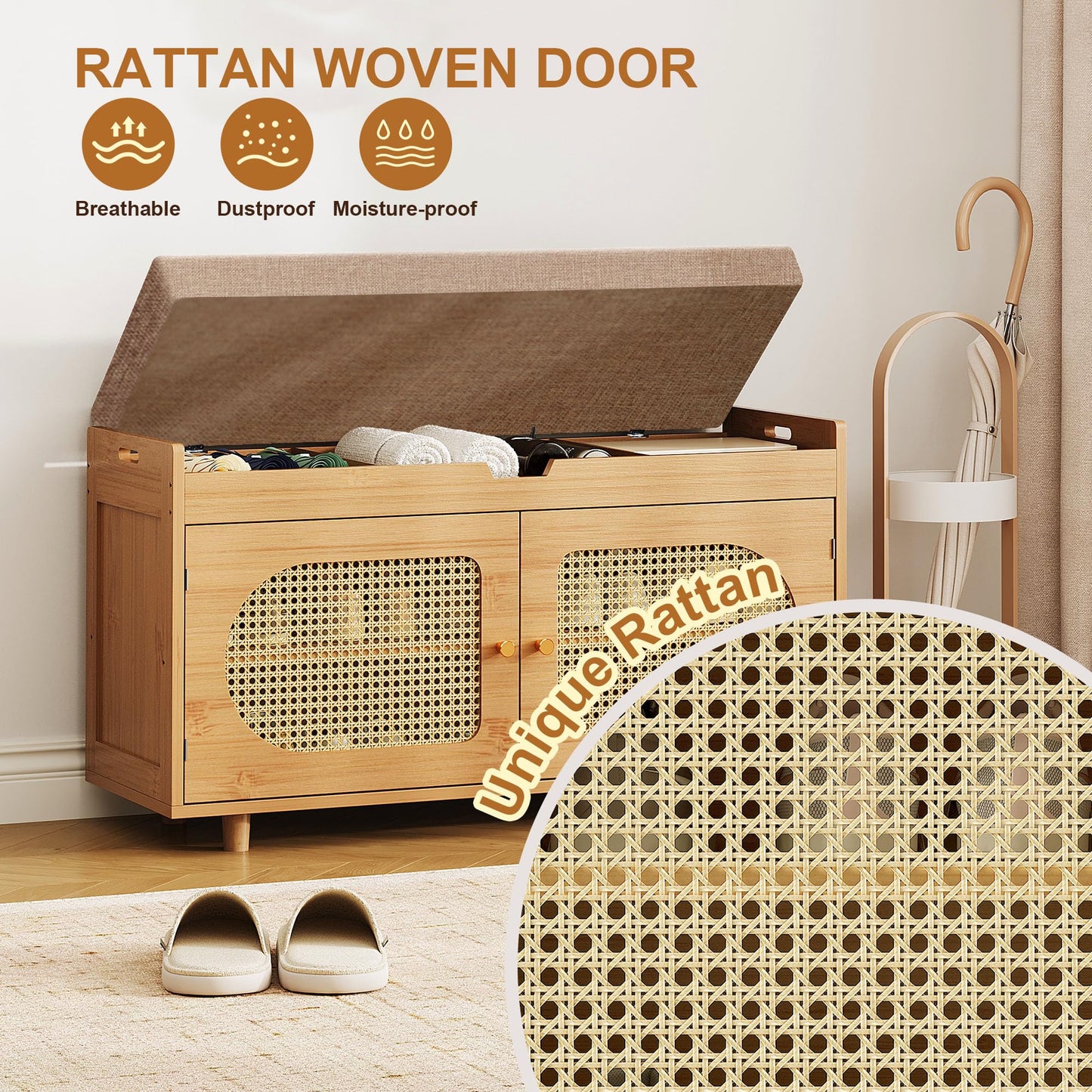 PETKABOO Rattan Shoe Storage Bench,Bamboo Entryway Bench, 2-Tier Shoe Rack,35.4" W x 12.6" D x 19.7" H with 2 Doors & Padded Seat Cushion for Entryway, Living Room, Bedroom, Natural