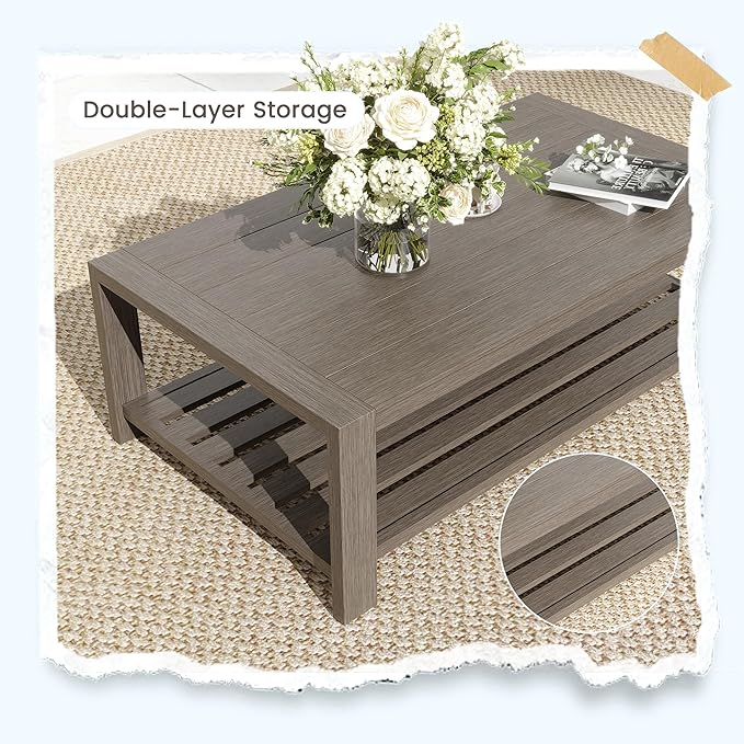 UDPATIO Aluminum Patio Furniture Set, 7 Seats Outdoor Patio Sets with Coffee Table, Faux Wood Patio Furniture Set Metal Modern Outdoor Sectional for Deck Porch Patio, Light Grey