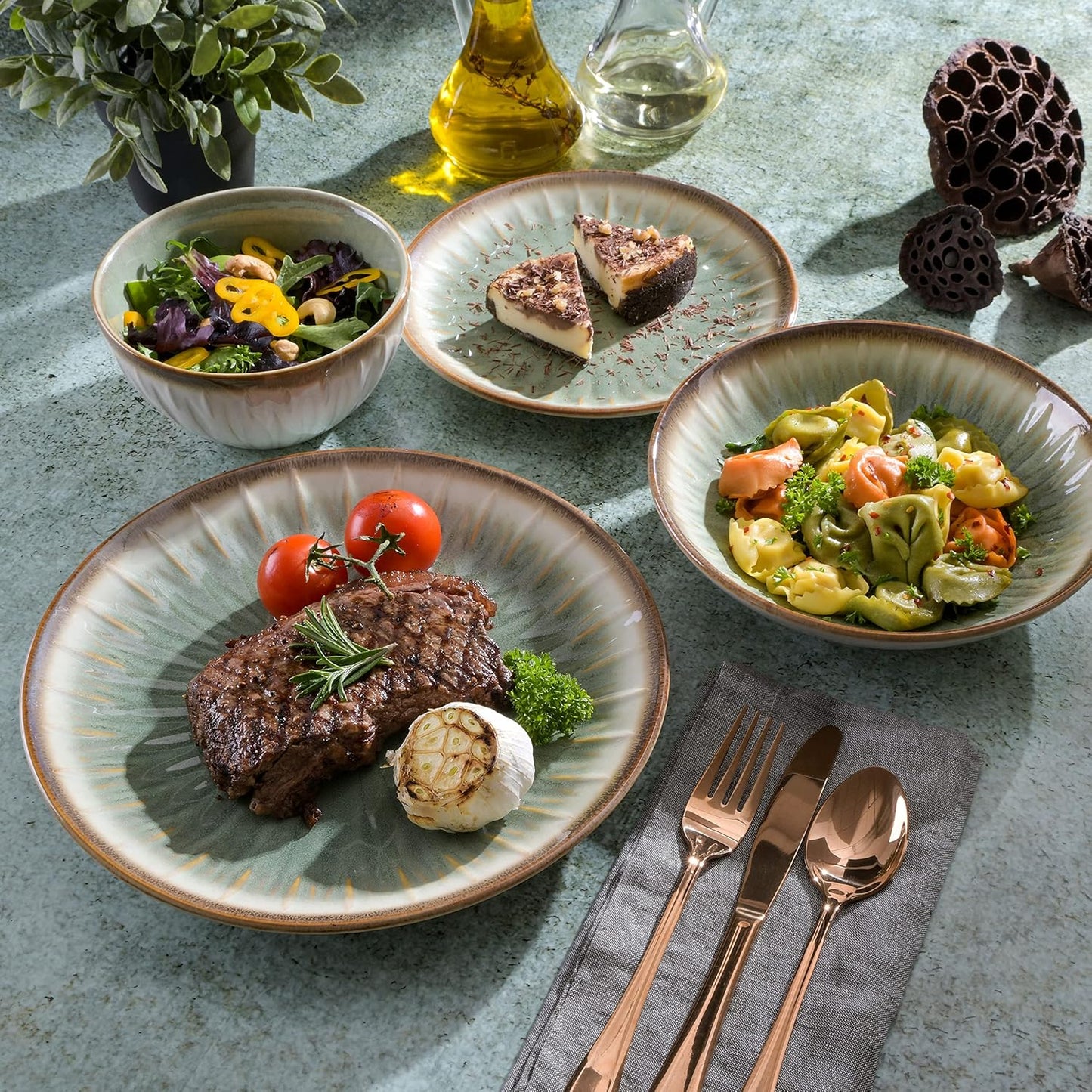 Gibson Elite Mayfair Bay 16-Piece Embossed Double Bowl Dinnerware Set, Service for 4 – Green Stoneware Plates and Bowls