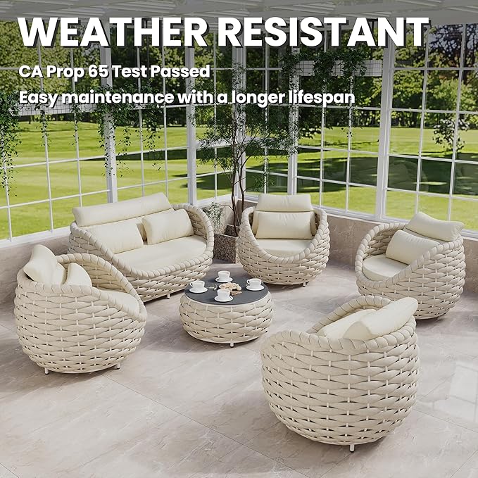 Erotr Sunroom Furniture Sets: 6 Pieces Aluminum Woven Rope Patio Conversation Sofa Set Cushioned - Modern Outdoor Couch Set No Assembly - Armchair Set Porch Deck Garden Poolside Gazebo Hotel - Beige