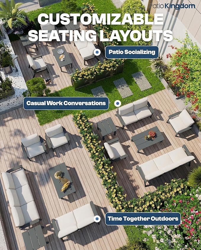 Patio Kingdom HDPE 7 Piece Patio Furniture Set, HDPE Outdoor Sectional with with Beige Thick Cushions, Coffee Table and Side Table, Patio Conversation Sets for Lawn, Garden, Porch (Grey Frame)