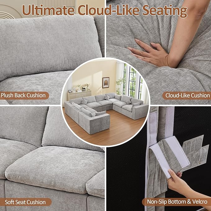 155''Cloud Boneless Sectional Couch, Modular Sectional Sofa Deep Seat, Oversized Upholstered Convertible Comfy 8 Seater Chenille Memory Foam Sofa U Shape Couches for Living Room, Light Grey