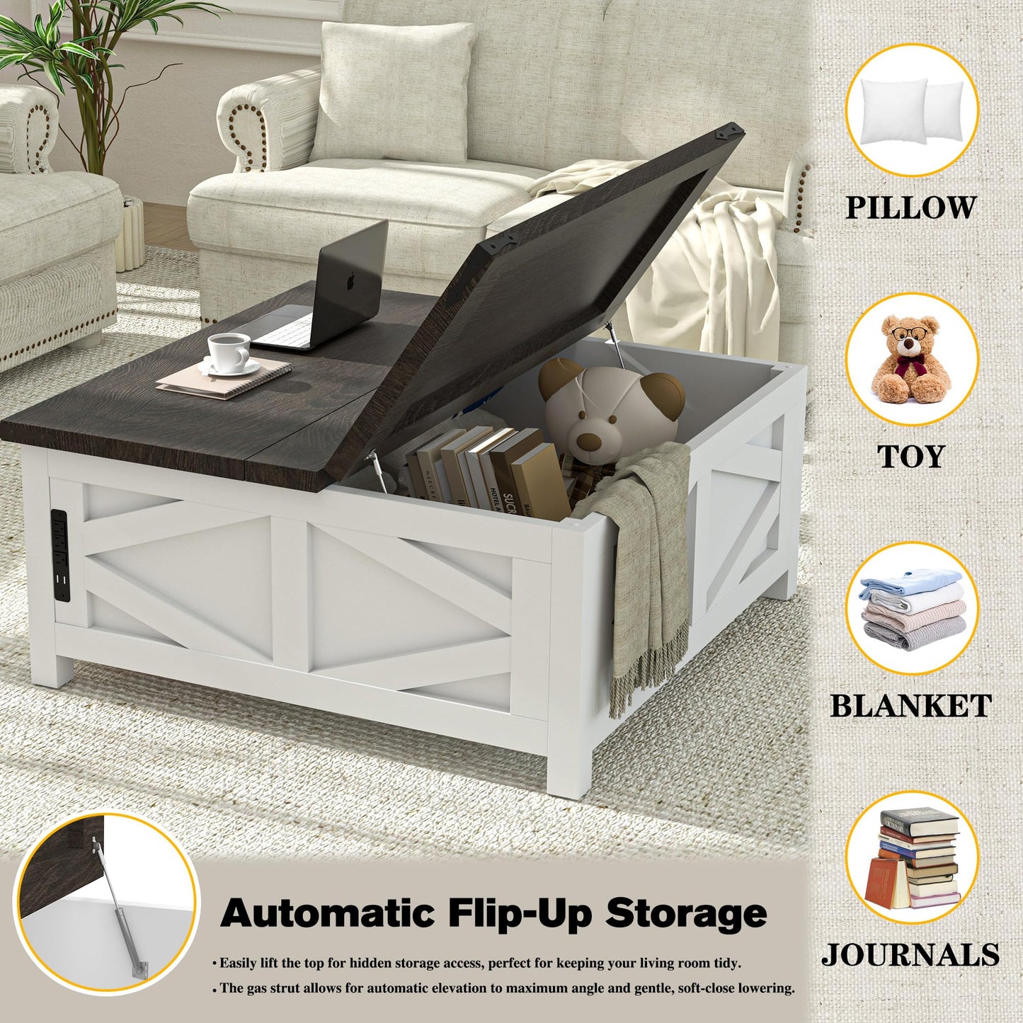 TOLEAD 36" Farmhouse Lift Top Coffee Table with Storage, Square Coffee Table with Charging Station, Living Room Center Table with Large Hidden Space, White