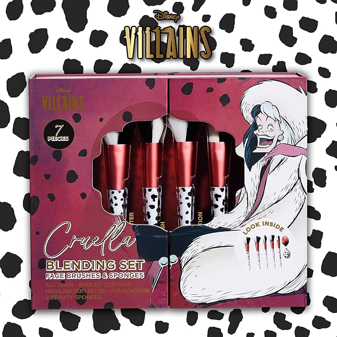 Disney Cruella 7PC Premium Makeup Brush & Blender Set, All-over, Highlighter, Concealer, and Eyeshadow Brush, 2 Beauty Blender Sponges for women and girls by Belle Maison