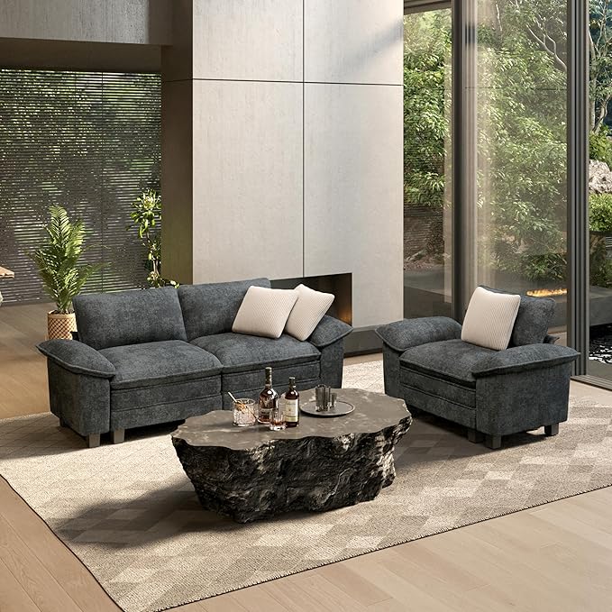 HERA'S HOUSE 2 Pieces Modular Sectional Sofa Sets, Oversized Couch Set with Loveseat and Armchair, Comfy Cloud Couches with Throw Pillows, 3-Seater Deep Seat Sofa for Living Room, Chenille Blue