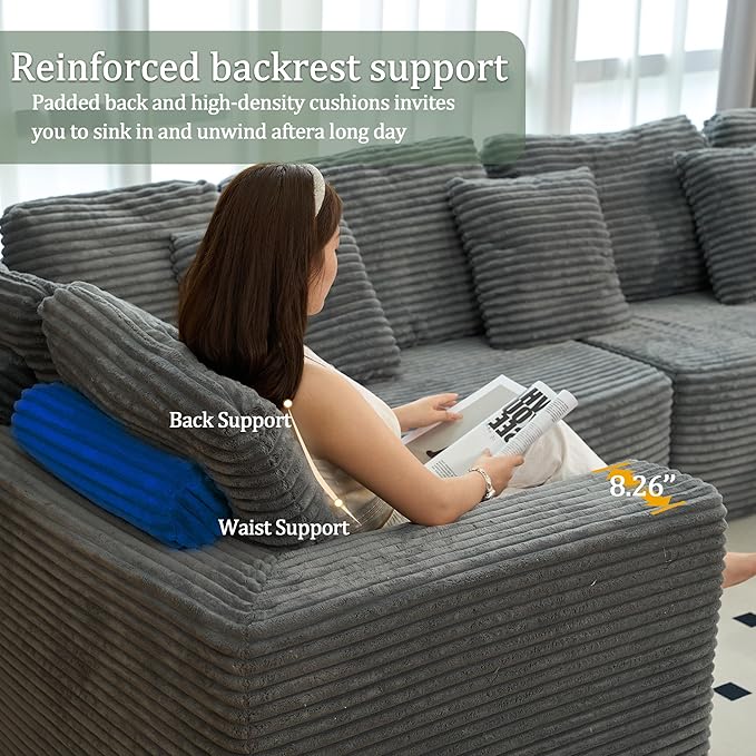 SEENYOO 135.5" Cloud Sectional Couch,Boneless Corduroy Sofa for Living Room,Oversized U Shaped Sofa with Chaise,Deep Seat,No Assembly Required,Modular Sectional Sofa（Grey）