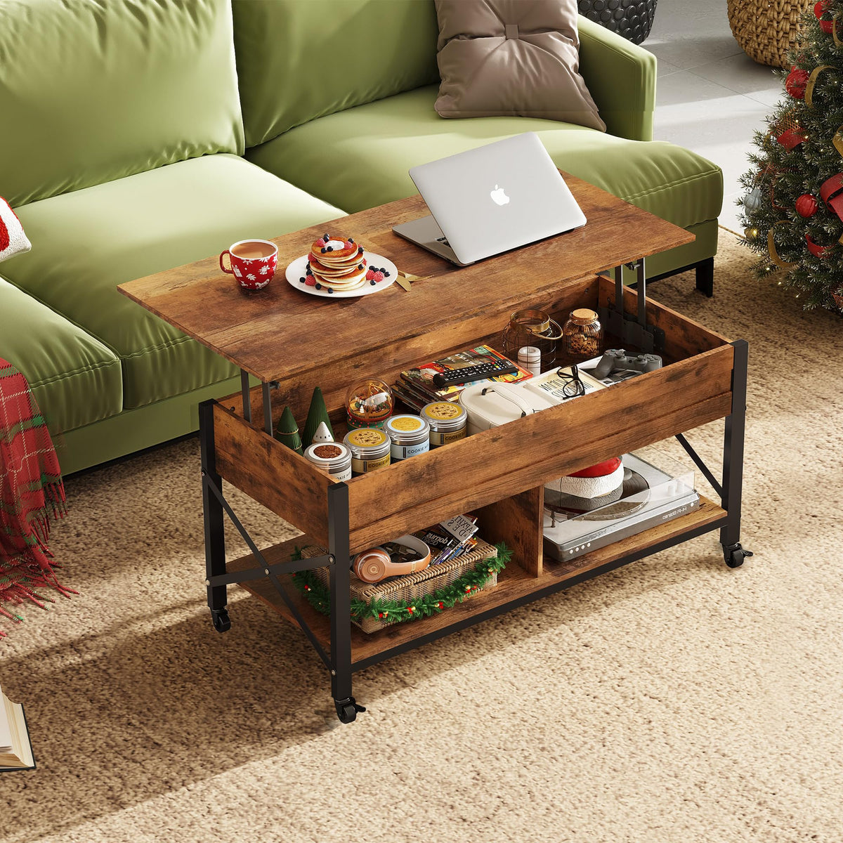 WLIVE Coffee Table, 41.3" Lift Top Coffee Table with 4 Wheels, Hidden Compartment, Storage Shelf and Lift Tabletop for Living Room, Reception Room, Rustic Brown