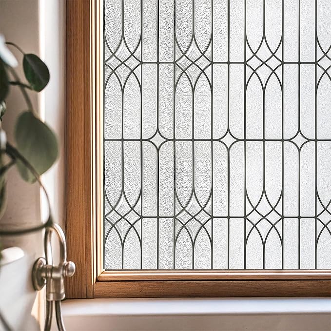 Window Privacy Film, Stained Glass Decorative Static Cling, Removable Sun Blocking Vinyl Covering,Window Film for Home Kitchen Living Room, Dusseldorf, 17.3" x 78.7"