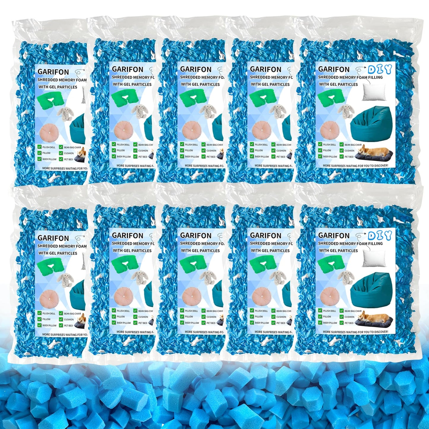 Garifon 50lbs Bean Bag Filler, Pillow Filler Stuffing, Bean Bag Filling, Shredded Memory Foam Filling, Punching Bag Filler, Foam Refill for Pouf/Ottoman Stuffing/Boxing Bag,Added Gel Particles