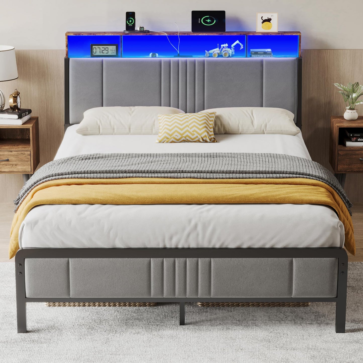 BedsPick Queen Bed Frame with Ergonomic Headboard, Upholstered Metal Platform Bed Queen Size with 2-Tier Storage, Charging Station, Smart LED Lights, Easy Assembly, No Box Spring Needed, Grey