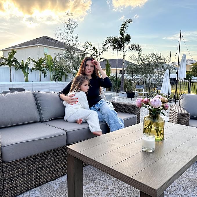 SUNSHINE VALLEY Swivel Glider 5 Piece Outdoor Furniture Set with Swivel Chairs, Wicker Patio Furniture with 4.92" Wide Armrest, 26.3" Deep Seating and 5.5" Thick Cushions, Grey