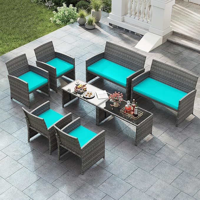 Tangkula 8 Piece Patio Wicker Furniture Set, Outdoor Heavy Duty Rattan Cushioned Chairs, Loveseat and Tempered Glass Coffee Table, for Backyard, Balcony, Poolside