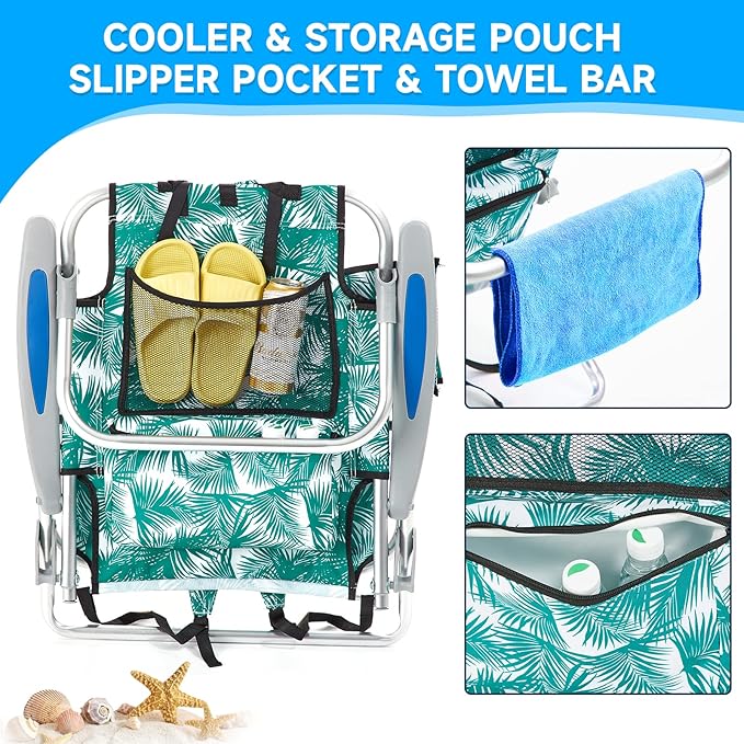 Canpsky Portable Beach Chair for Adults, Outdoor Camping Chair Lay Flat Folding Backpack Beach Reclining Chair with 5 Positions, Headrest, Cup Holder, Heavy Leaf