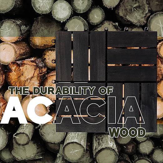 VICTORY RELAX Acacia Wood Decking Tiles 9PCS - Easy Snap Interlocking Deck Tiles for Patio Poolside Balcony Decor - All Weather Waterproof Flooring for Indoor & Outdoor (Round Joints)