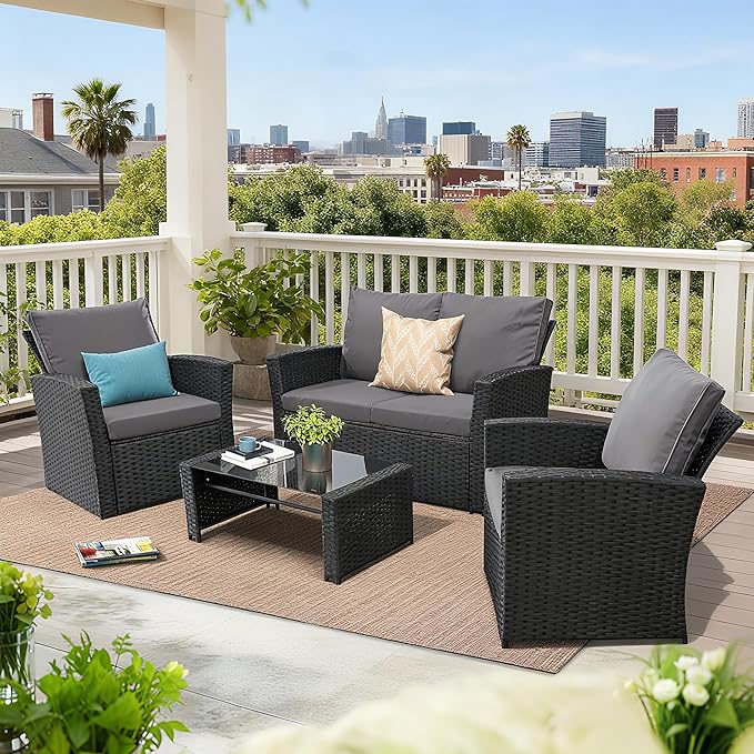 FHFO 4 Piece Outdoor Patio Furniture Set,Wicker Conversation Sets Outdoor Sectional Patio Sofa Couch with Cushions & Coffee Table for Outside, Garden, Balcony, Porch,Black/Grey