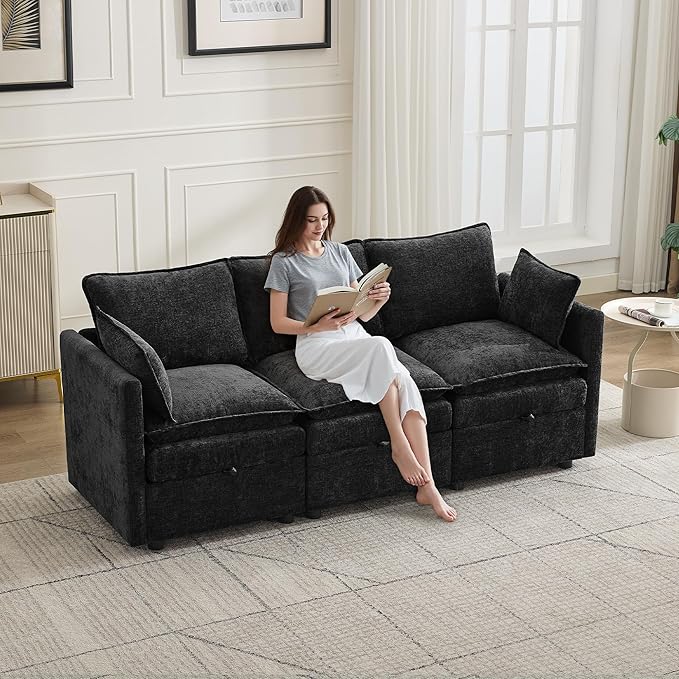 80" Cloud 3 Seater Sectional Modular Couch with Storage, Upholstered Storage Sofa Modern Couch Deep Seat, Chenille Convertible Sofa Comfy Couches with Armrests for Living Room, Small Space, Black